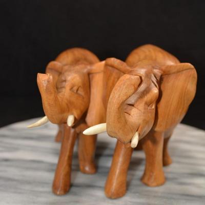 Pair of Carved Wooden Elephants w/ Bone Tusks, Africa 8”/7”