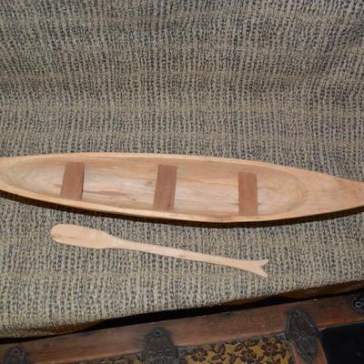 Vintage Hand Carved Canoe w/ Paddle 20.75”