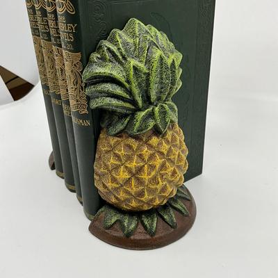 845 Cast Iron Pineapple Bookends w/ Four "The Waverly Novels" Volumes by Sir Walter Scott