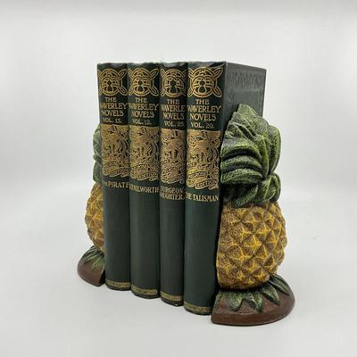 845 Cast Iron Pineapple Bookends w/ Four "The Waverly Novels" Volumes by Sir Walter Scott