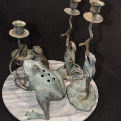 Lot of 4 Vintage Brass Frog Candleholders 11”/4.5”