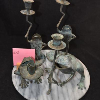 Lot of 4 Vintage Brass Frog Candleholders 11”/4.5”