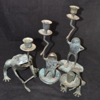 Lot of 4 Vintage Brass Frog Candleholders 11”/4.5”