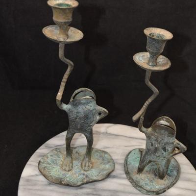 Lot of 4 Vintage Brass Frog Candleholders 11”/4.5”