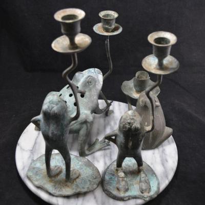 Lot of 4 Vintage Brass Frog Candleholders 11”/4.5”