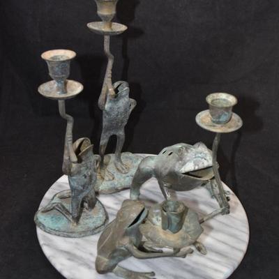 Lot of 4 Vintage Brass Frog Candleholders 11”/4.5”