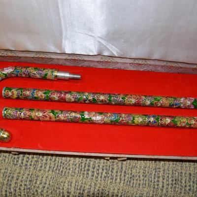Vintage 33” 3 Section Cloisonne Cane w/ Beautiful Case, China