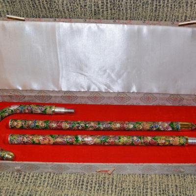 Vintage 33” 3 Section Cloisonne Cane w/ Beautiful Case, China