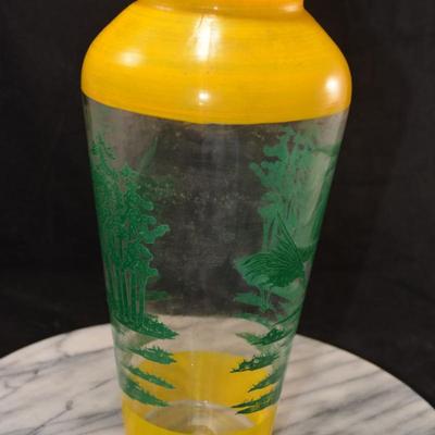 WWII Era Asian Glass Vase w/ Moon, Birds & Trees 10”