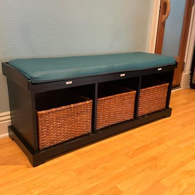946 Pottery Barn Bench with Three Baskets and Cushion