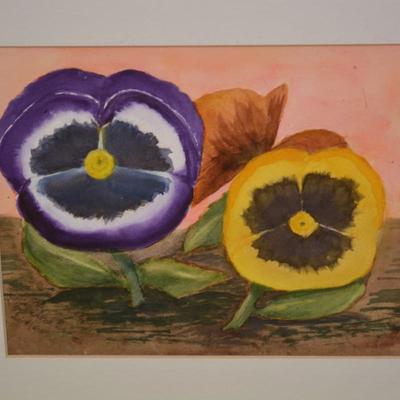 Original Framed & Matted Watercolor Pansy Faces by Lotte D.