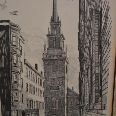 Framed & Matted “The Old North Church” Lithograph, 1974 by R.E. Kennedy