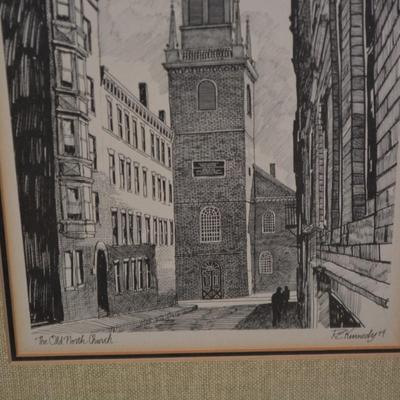 Framed & Matted “The Old North Church” Lithograph, 1974 by R.E. Kennedy