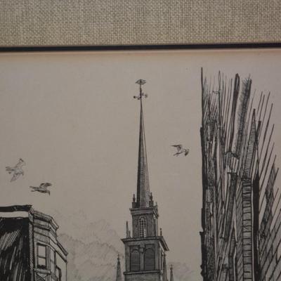 Framed & Matted “The Old North Church” Lithograph, 1974 by R.E. Kennedy