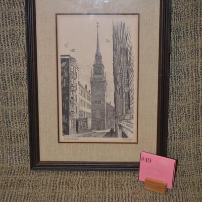 Framed & Matted “The Old North Church” Lithograph, 1974 by R.E. Kennedy