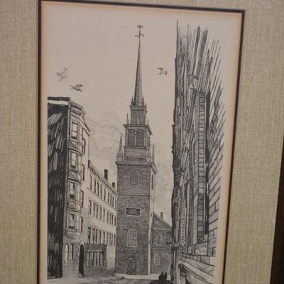 Framed & Matted “The Old North Church” Lithograph, 1974 by R.E. Kennedy