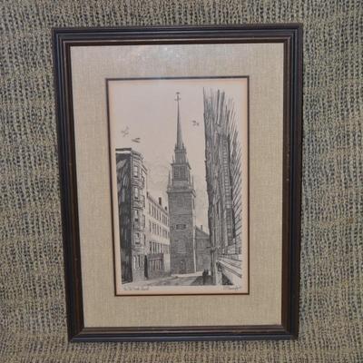Framed & Matted “The Old North Church” Lithograph, 1974 by R.E. Kennedy