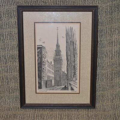 Framed & Matted “The Old North Church” Lithograph, 1974 by R.E. Kennedy