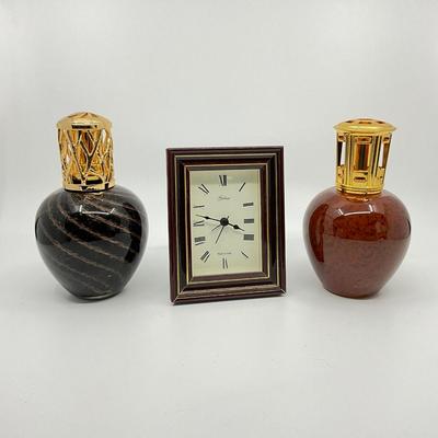 862 Lot of Two Lampe Berger Fragrance Lamps & Galassi Handcrafted Desk Clock