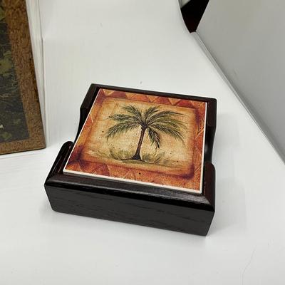 863 Annie Modica Waste Basket & Tissue Holder With Palm Terracotta Coasters