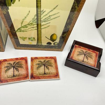 863 Annie Modica Waste Basket & Tissue Holder With Palm Terracotta Coasters