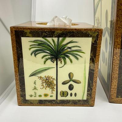 863 Annie Modica Waste Basket & Tissue Holder With Palm Terracotta Coasters