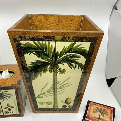 863 Annie Modica Waste Basket & Tissue Holder With Palm Terracotta Coasters