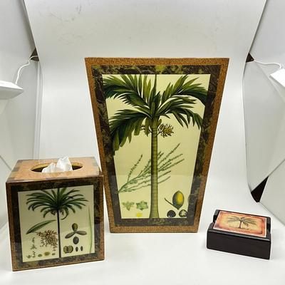 863 Annie Modica Waste Basket & Tissue Holder With Palm Terracotta Coasters