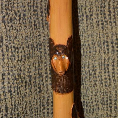 Hand Carved Wildlife Walking Stick w/ Glass Eyes 40.5”