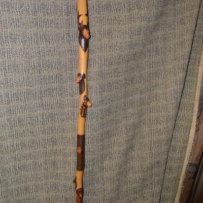 Hand Carved Wildlife Walking Stick w/ Glass Eyes 40.5”