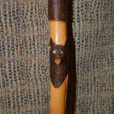 Hand Carved Wildlife Walking Stick w/ Glass Eyes 40.5”
