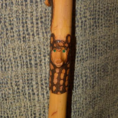 Hand Carved Wildlife Walking Stick w/ Glass Eyes 40.5”