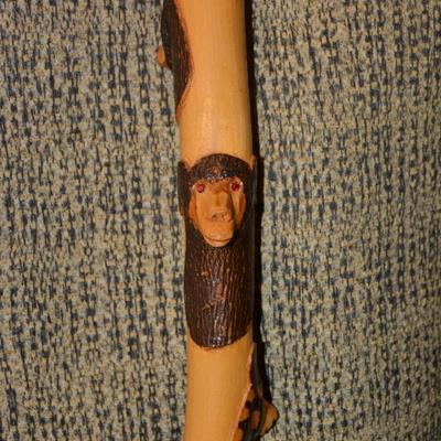 Hand Carved Wildlife Walking Stick w/ Glass Eyes 40.5”