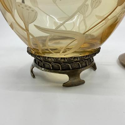 865 Castilian Cut Glass Amber Metal Dragonfly Etched Lidded Bowl
