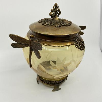865 Castilian Cut Glass Amber Metal Dragonfly Etched Lidded Bowl