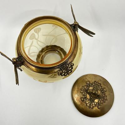 865 Castilian Cut Glass Amber Metal Dragonfly Etched Lidded Bowl