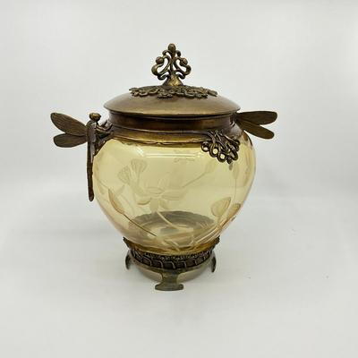 865 Castilian Cut Glass Amber Metal Dragonfly Etched Lidded Bowl