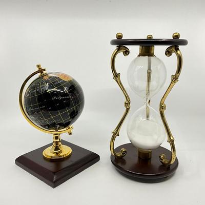 866 Globe on Mahogany Stand With English Renaissance Mahogany Hour Glass