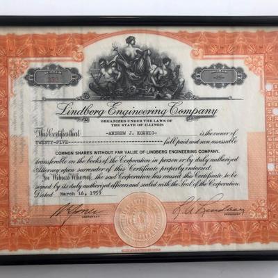 Framed Lindberg Engineering Company Stock Certificate