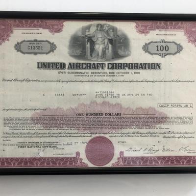 Framed United Aircraft Corporation Stock Certificate