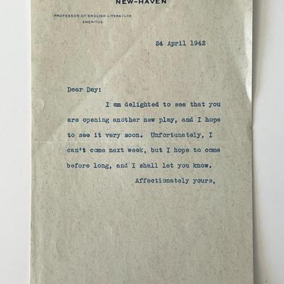 Yale Professor W.M. Lyon Phelps signed note 