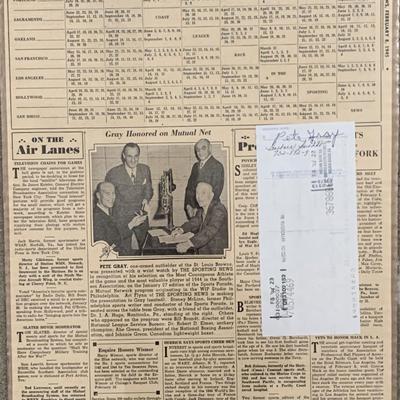 Pete Gray signed check with vintage newspaper