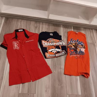 LARGE ROLLS ROYCE SHIRT AND 2 X-LARGE DENVER BRONCOS T-SHIRTS