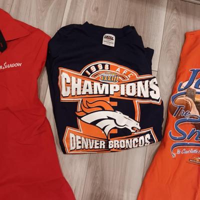 LARGE ROLLS ROYCE SHIRT AND 2 X-LARGE DENVER BRONCOS T-SHIRTS
