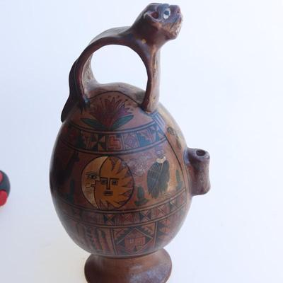 Vintage Cusco Inca Peru Pre-Columbian Style Tribal Art Jaguar Decanter Ceremonial Jug