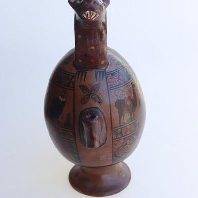 Vintage Cusco Inca Peru Pre-Columbian Style Tribal Art Jaguar Decanter Ceremonial Jug