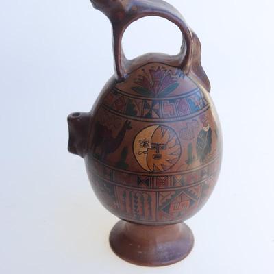 Vintage Cusco Inca Peru Pre-Columbian Style Tribal Art Jaguar Decanter Ceremonial Jug