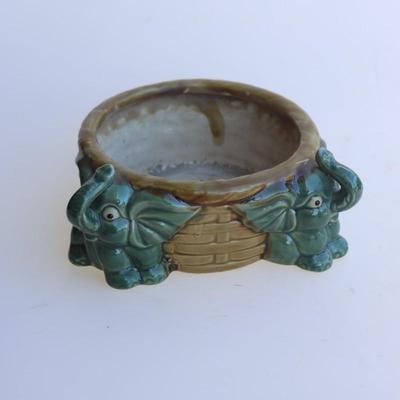 Majolica Elephant Planter Bowl Lucky Trunks Up Two Baby Elephants