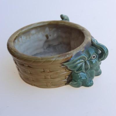 Majolica Elephant Planter Bowl Lucky Trunks Up Two Baby Elephants