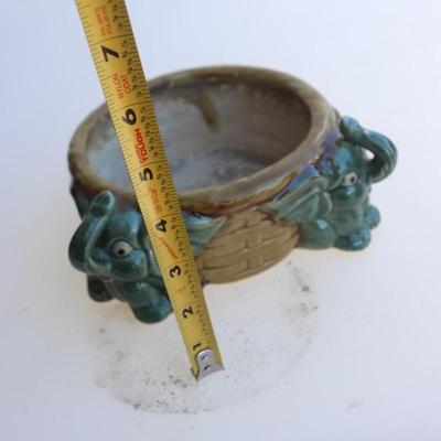 Majolica Elephant Planter Bowl Lucky Trunks Up Two Baby Elephants